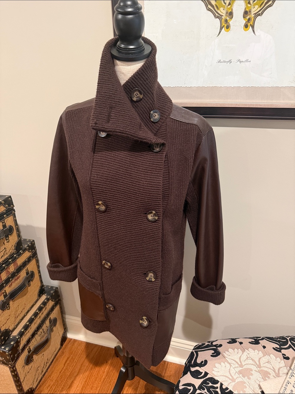 Ann Taylor Dark Brown Double-Breasted Knit Cardigan with Leather Sleeves